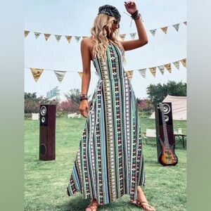 Multicolor Geometric Print Maxi Dress with Open Back Size Large